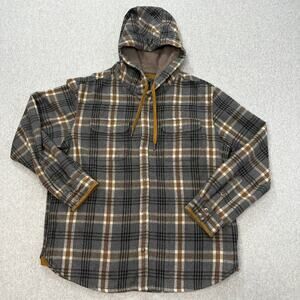 Prana Jacket Mens L Wool Bolster Hooded Flannel Yellow Gray Plaid Long Sleeve